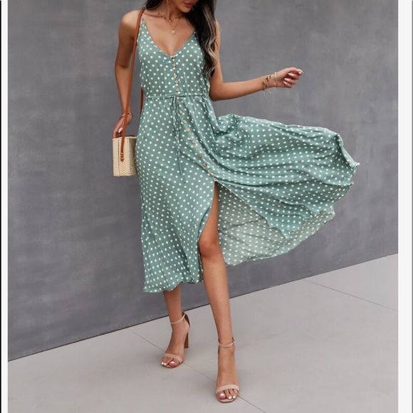 Boho Button Up V Neck Tie Polka Dot Dress GREEN - Picture 5 of 13